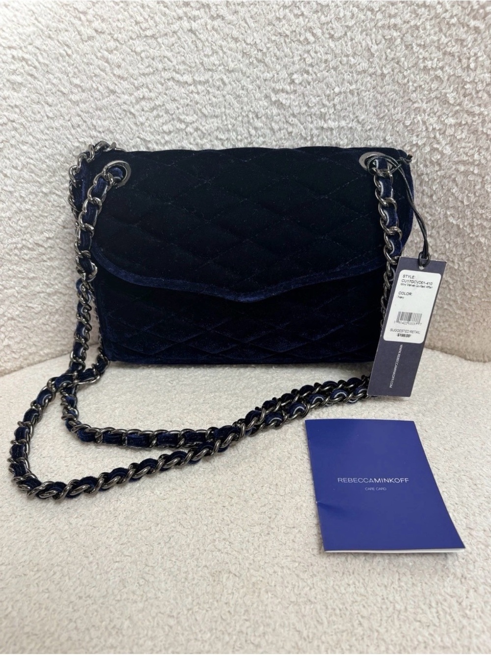 Rebecca Minkoff Mini Velvet Quilted Affair bag navy NWT + care card